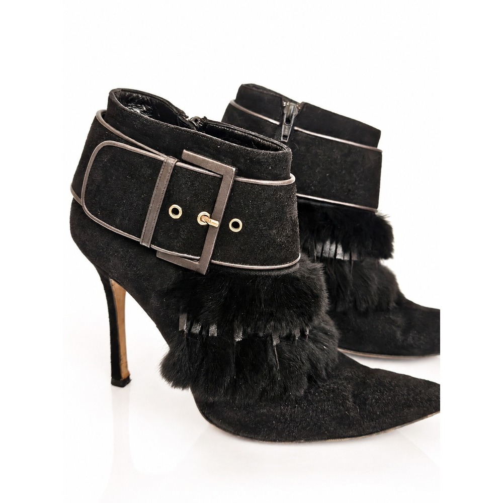 Manolo Blahnik Black Suede Fur Trim Buckle Ankle Boots Size 39 Stiletto Italy